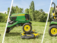 Snadnost připojení žacího ústrojí ukazuje John Deere X949 s pohonem a řízením všech čtyř kol.